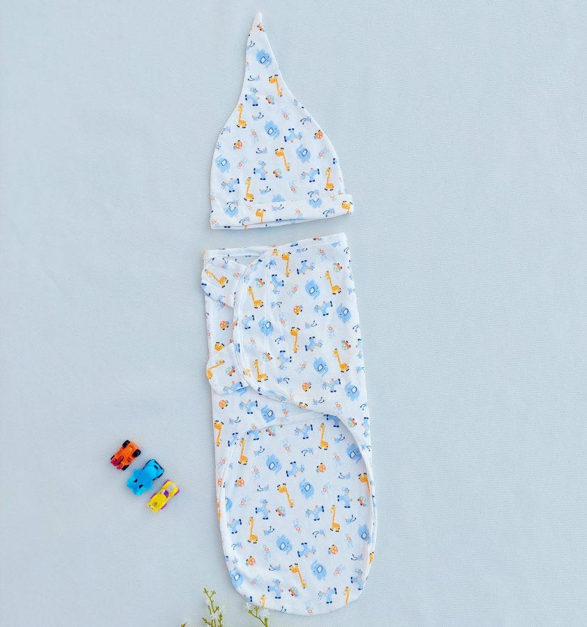 Cotton Swaddle with Cap - animal print