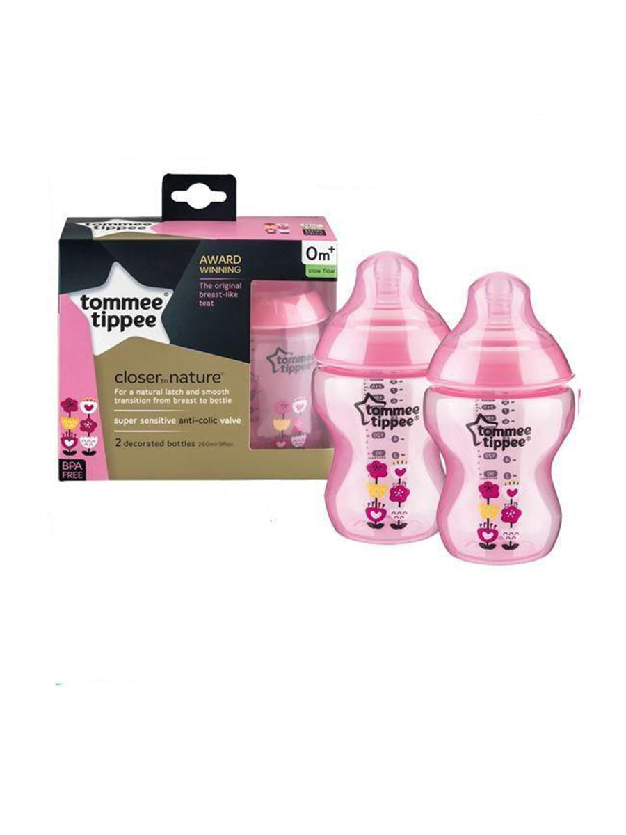 TT Baby SS Decorated Feeding Bottle 2 Pack 0M+ 260ml 9Oz 422581/38 (Pink) (A+)