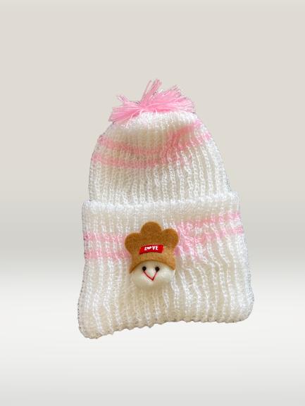 1Pc  Pink Baby woolen cap with brown bear