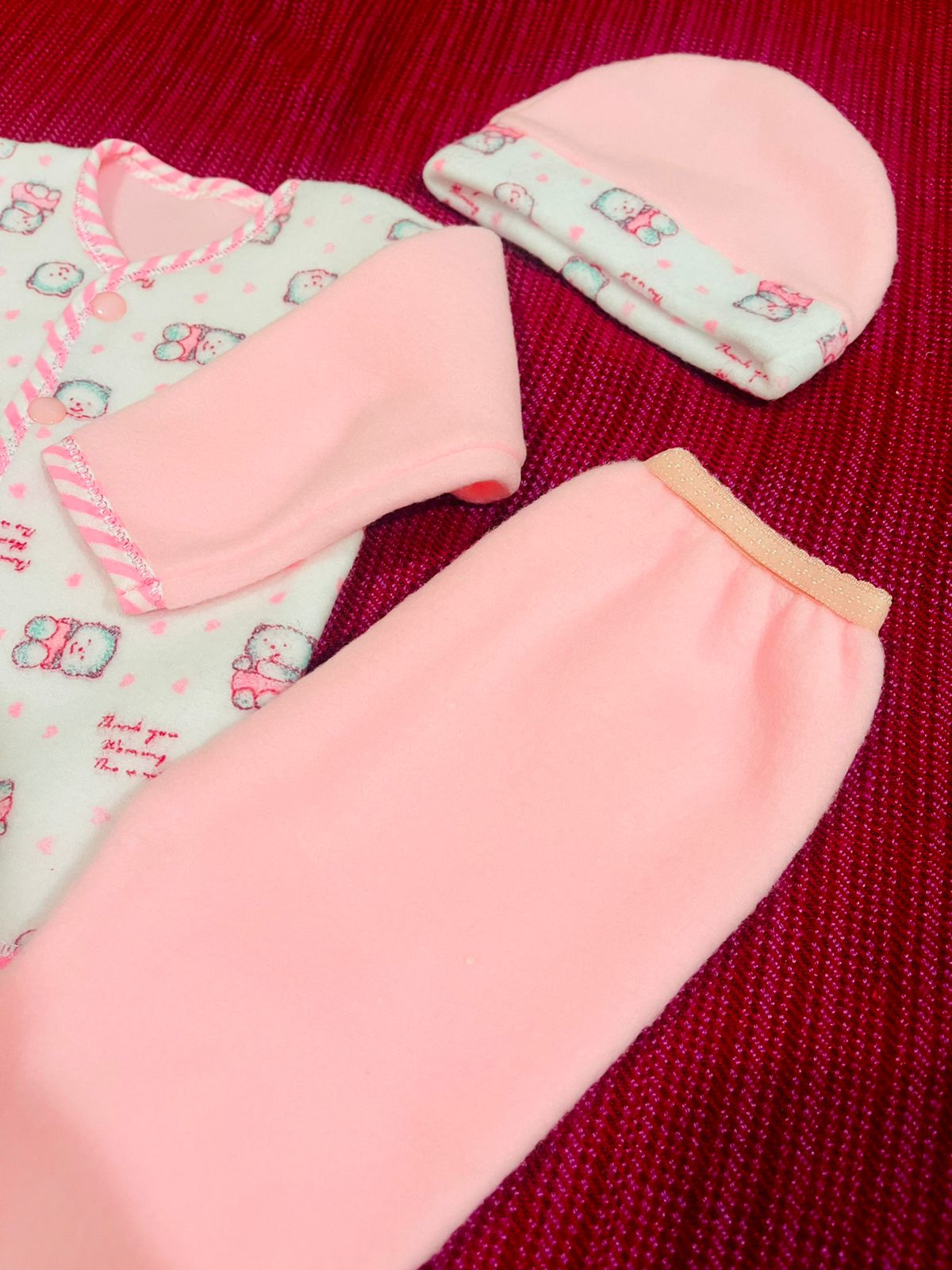 Pink Baby bear fleece set- Sweater, Trouser and Cap